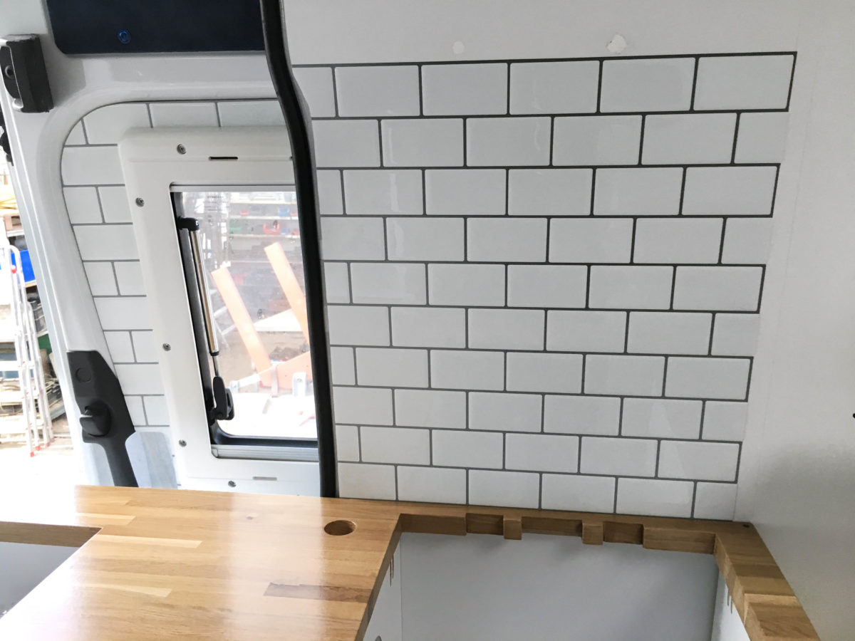 Backsplash with TicTacTiles in DIY Camper Kitchen